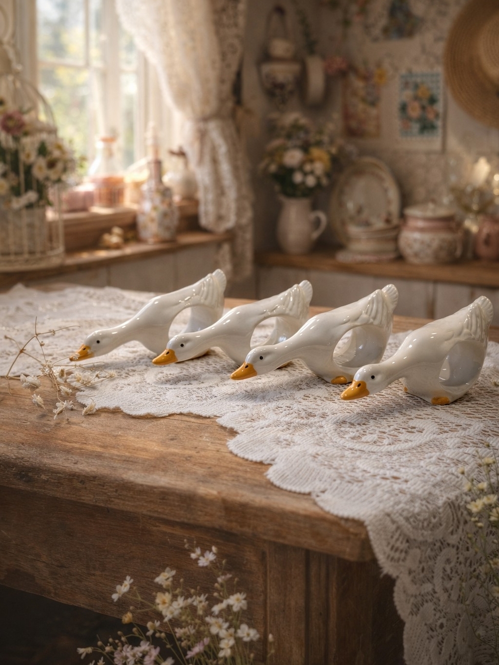 White Ceramic Goose Napkin Holders - Set of 4
